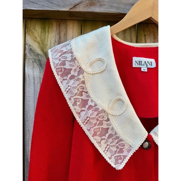 Reworked Vintage Red Cardigan with Lace Collar - Grandmillenial - Holiday - Picture 7 of 10